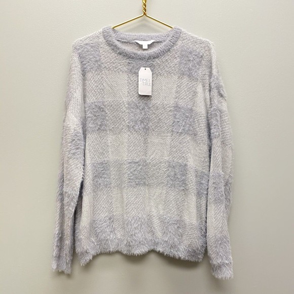 Time and Tru Fuzzy Sweater SIZE XL Light Grey Buffalo Plaid NEW Extra Large Soft - Picture 2 of 9